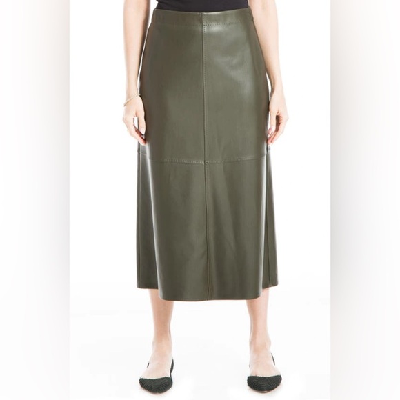 Max Studio khaki green vegan leather a-line midi skirt - Large NWOT - Picture 1 of 4